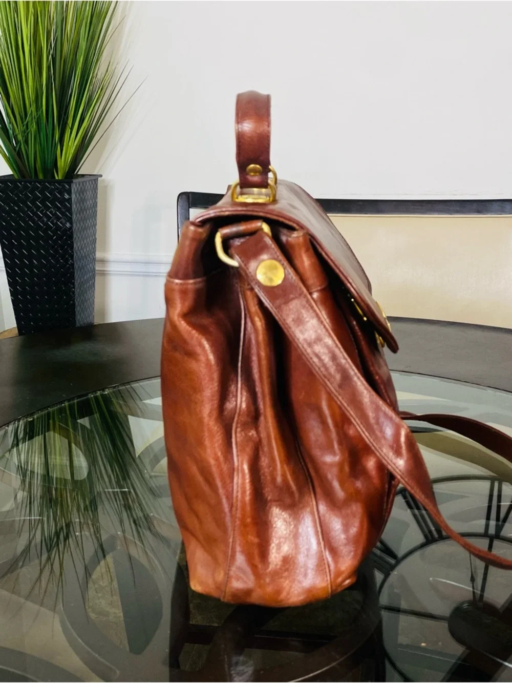 Vintage Marino Orlandi Brown Leather Satchel Bag - Made in Italy - Gold Hardware